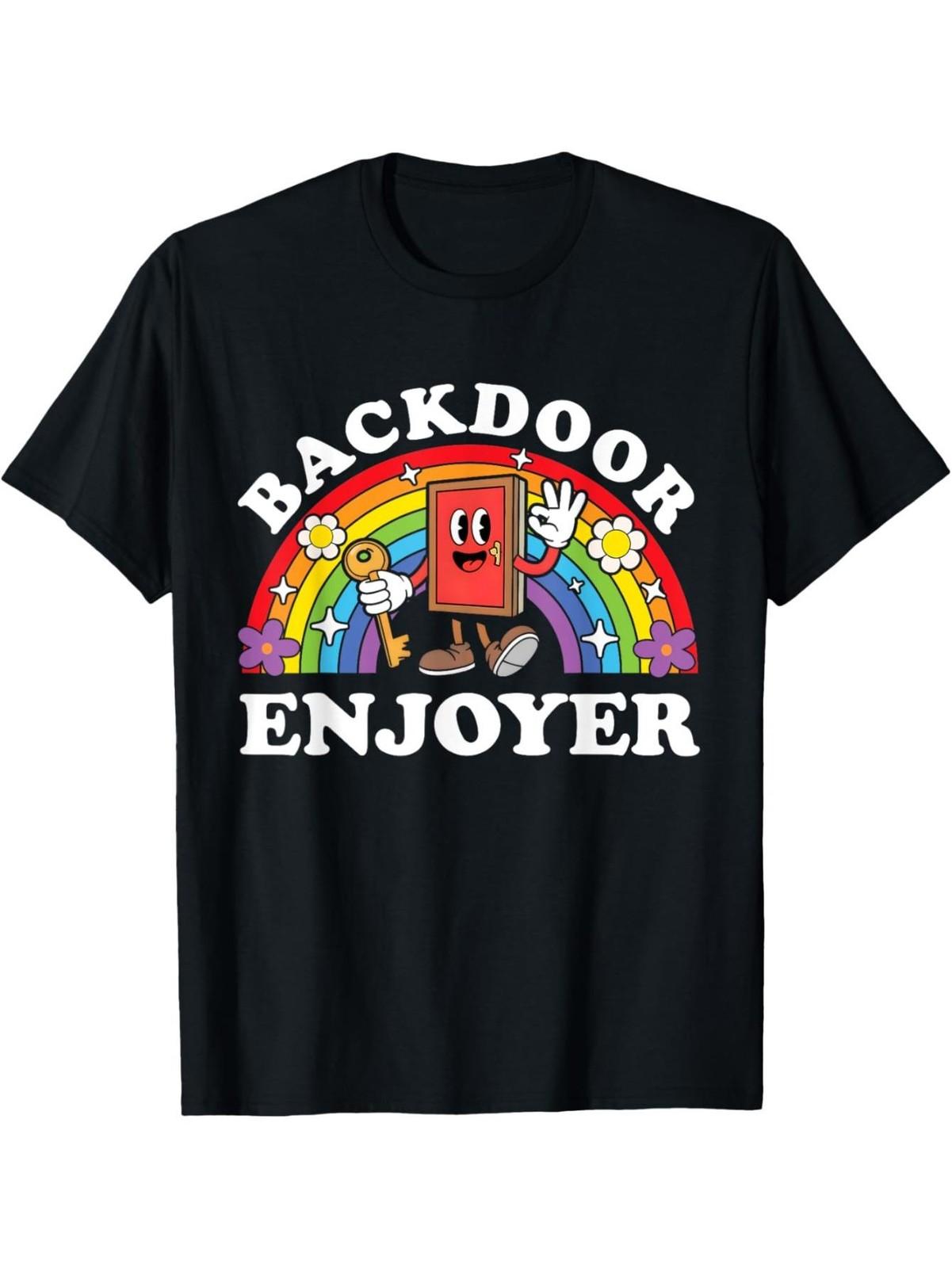 Men s Funny Adult Humor T-Shirt - Backdoor Enjoyer Slogan & Rainbow Lettering, S разноцветный