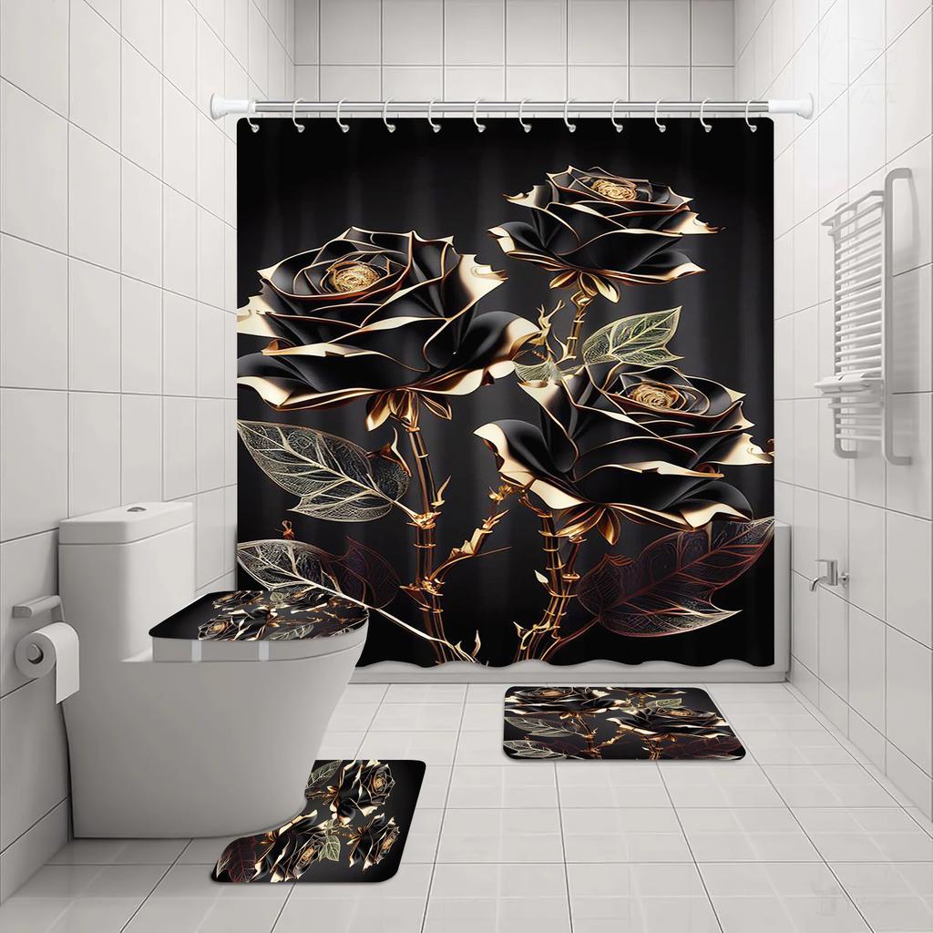 Rose Shower Curtain Love Couple Bath 4 Pcs Set Cute Cartoon Luxury Accessories Sets Full Mats Gifts for Boys Girls
