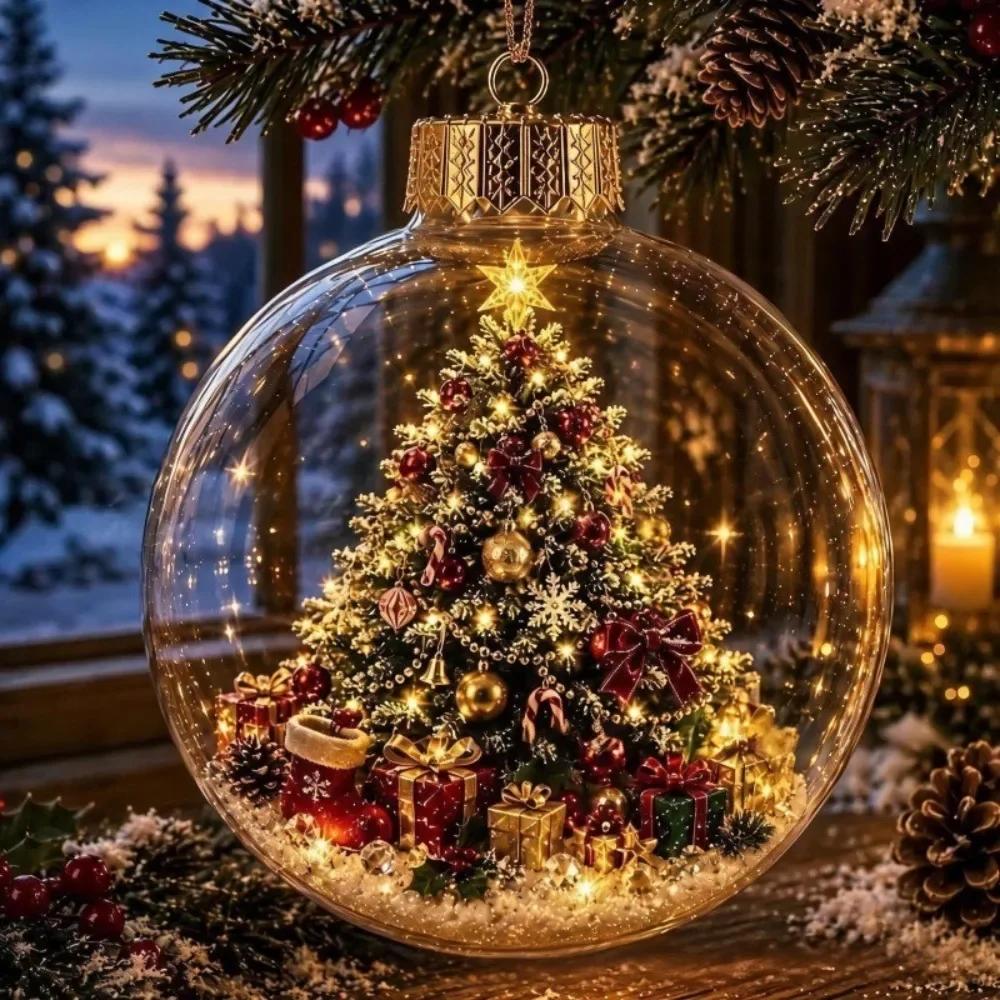 2pc Acrylic Material Christmas Ball Ornament Transparent Design with Light Santa Claus Pendant Hanging Christmas Decor