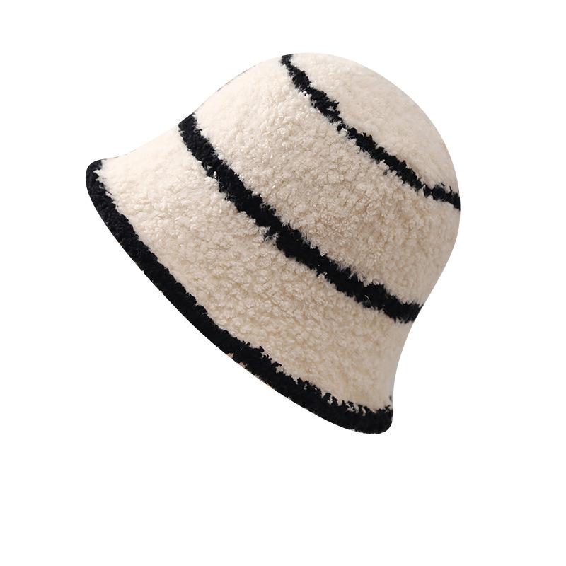 Lamb Wool Contrasting Color Striped Knitted Bucket Hat Women's Autumn and Winter Fashion Show Face Small Warm Fisherman Hat