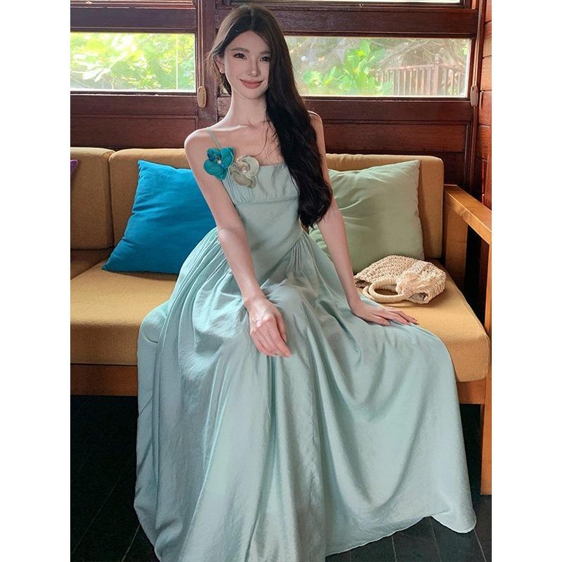 Blue-green Pendulum Temperament Dress Fairy Vacation Thin High-end Dress To Ankle Long and Gentle S