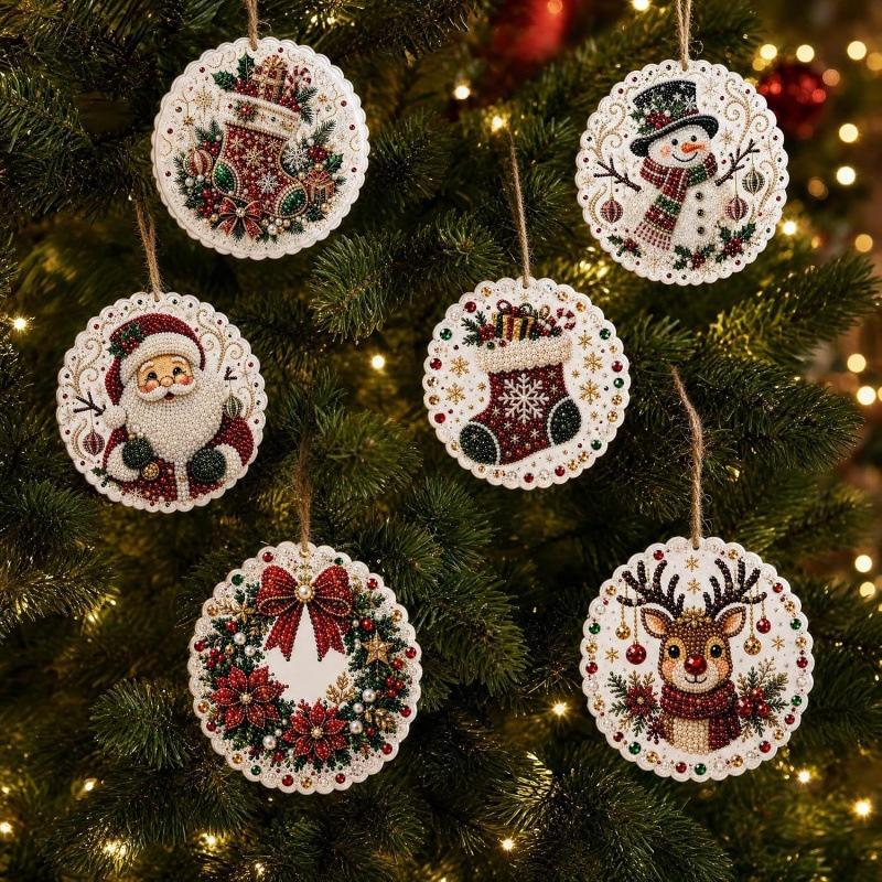 6PCS Christmas Wooden Ornaments DIY Kit Unfinished Diamond Painting Beads for Tree Hanging Holiday Home Craft Decor Supplies
