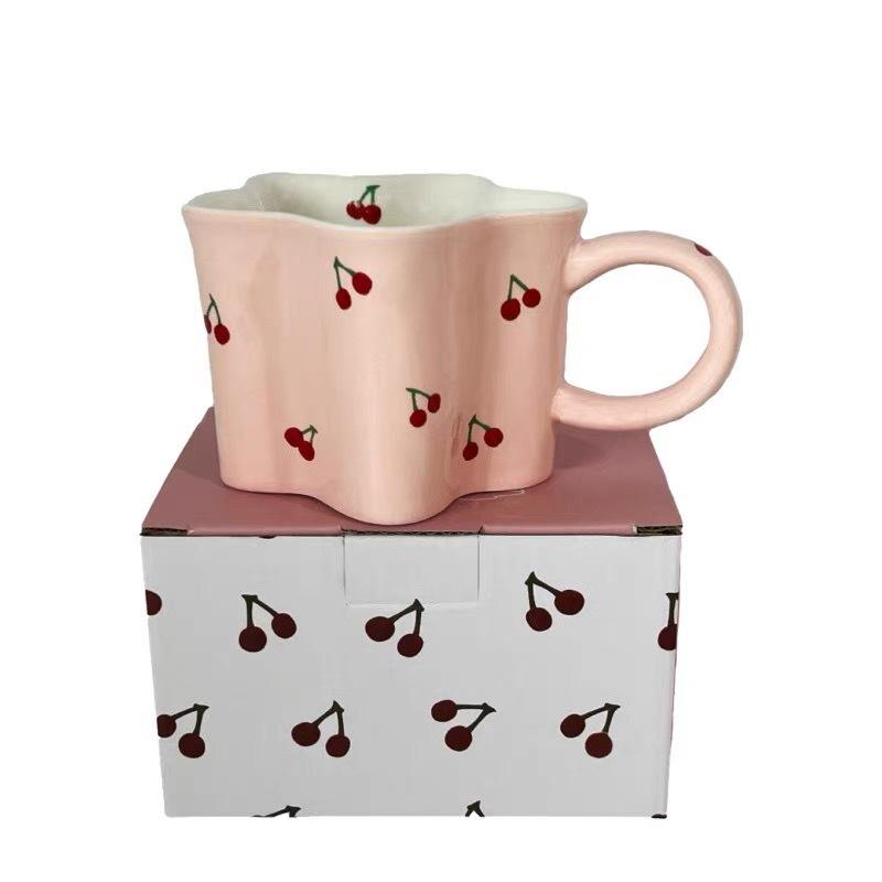 

Star cherry ceramic cup pink girl heart mug children s breakfast cup cute milk water cup coffee cup About 320ml