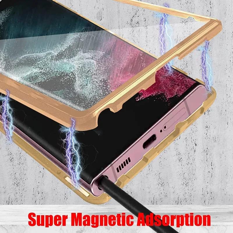 Metalowe Magnetyczne Etui dla Samsunga Galaxy A56 A36 S22 S23 FE S24 S25 Ultra Plus Dwustronna Adsorpcja Szkła Hartowanego Pokrywa