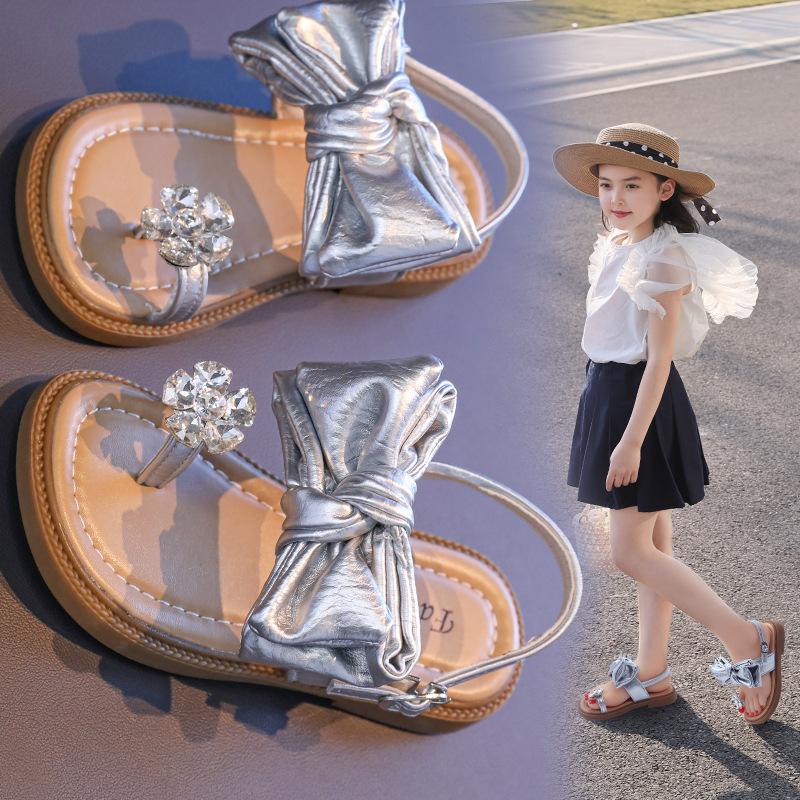 Girls' Bowknot Open-Toe Sandals2026New Summer Rhinestone Heart Princess Sandals for Older Girls and Little Girls