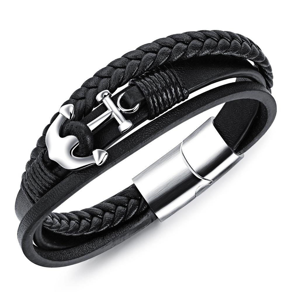 Anchor Black Leather Rope Cowhide Men's Double Layer Woven Bracelet Handmade Multilayer Leather Bracelet