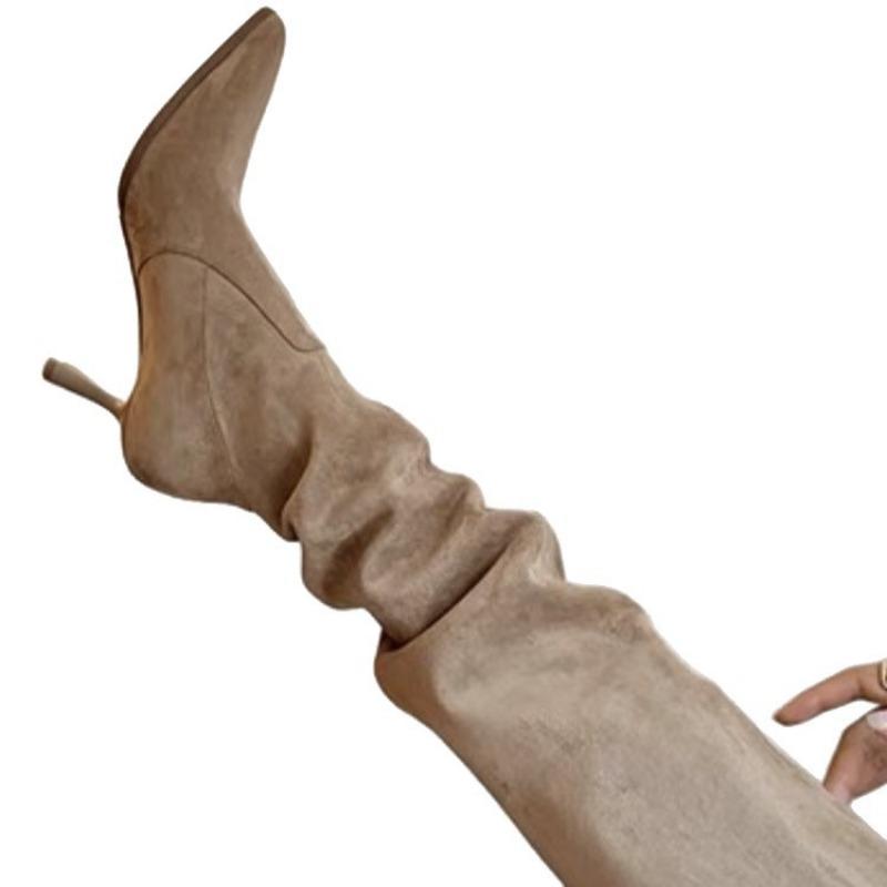 Big Tube Women's Boots Skinny Pointed Pile Boots Apricot Large Size Boots Thin Heel High Boots High Heel Knee Boots