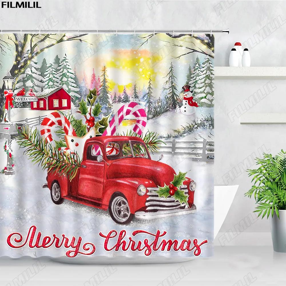 Retro olejomalba Vánoční sprchové závěsy Santa Claus Garland Xmas Tree Vintage krb Novoroční dekorace Sada koupelnových závěsů