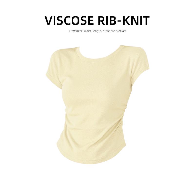 

Red Ruched Short-Sleeve Women s T-Shirt – Round Neck, Dropped Shoulders, Cinched Waist, Petite Fit, Perfect for Summer. S (80-90 lbs) жёлтый/кремовый