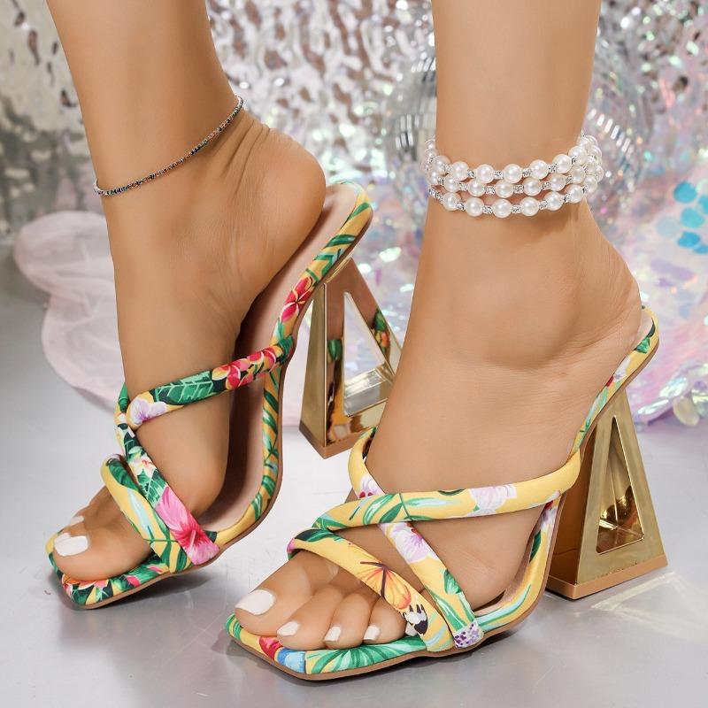 Fashion Plus Size Statement Sandals Women's Summer New Square Toe Open Toe Fish Mouth Shaped Heel Printed Non-slip High Heels