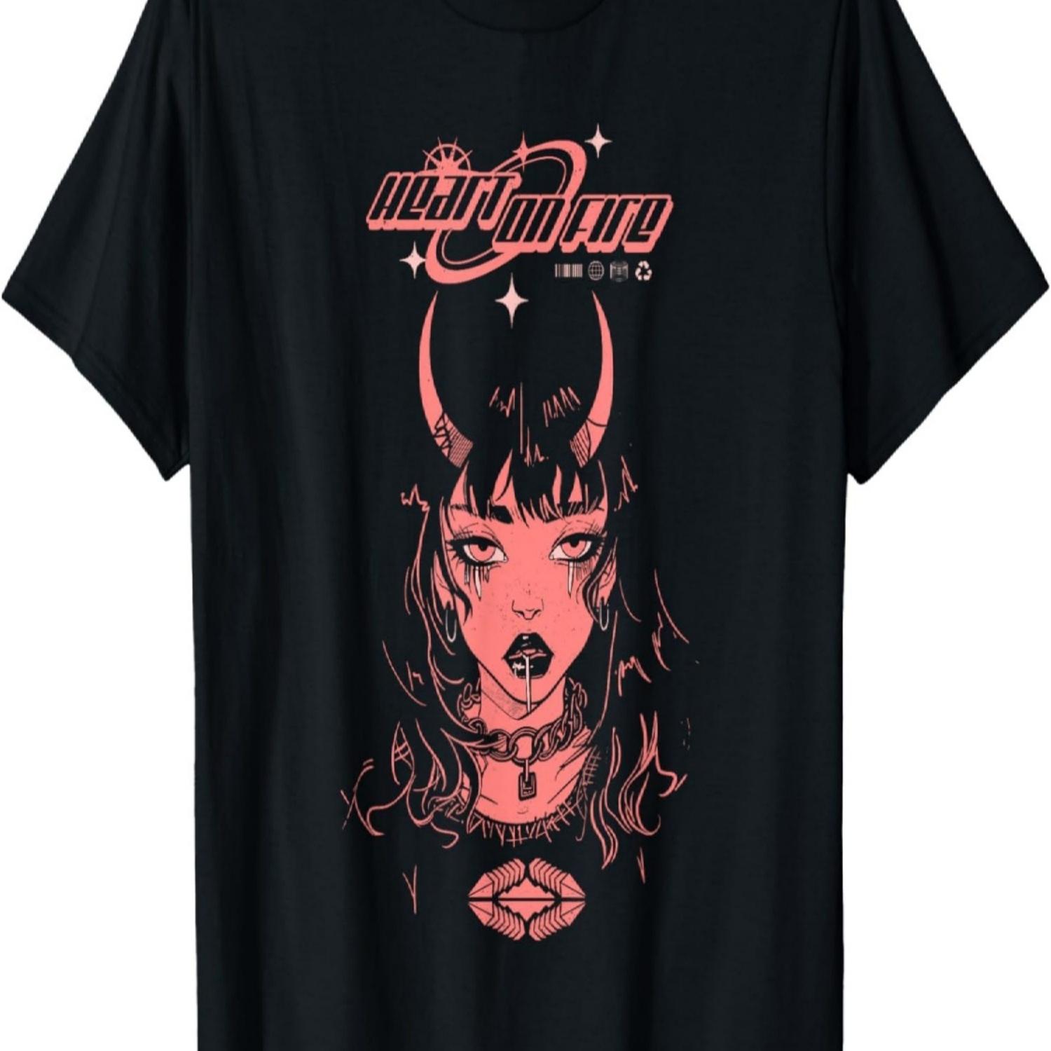 Heart on Fire -  Streetwear Anime Girl T-Shirt S чёрный