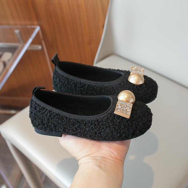 Autumn Winter Solid Girls Flats Shoes Rhinestones Short Plush Warm Kids Ballet Flats Princess Toddler Children Fashion Shoes