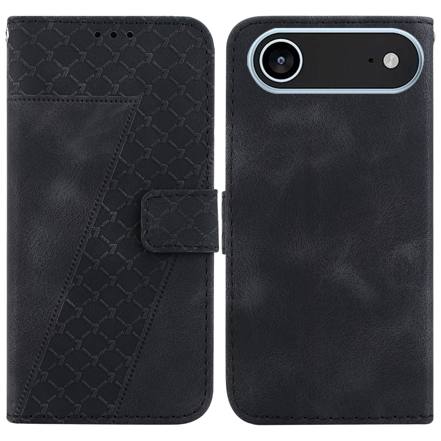 

For iPhone 17 Air Stand Case 7-Shaped Pattern Imprint Leather Phone Cover with Strap Black