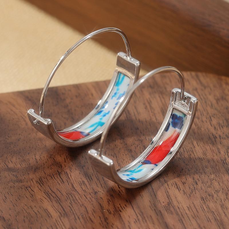 Simple  Silvery Plated Artificial Enamel Patterns Hoop Earrings for Women's Elegant Daily Party Jewelry Accessories Gifts