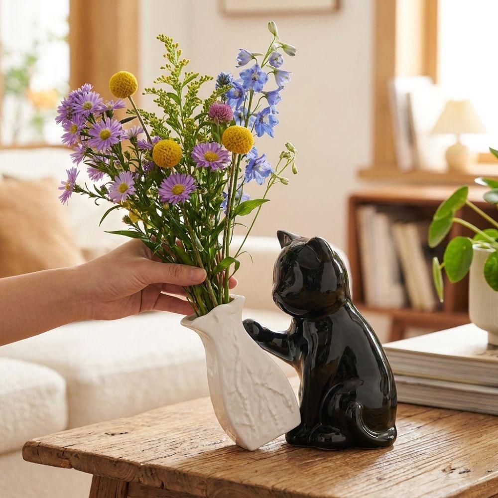 Cat Statue Cat Pushing Vase Unique Flower Holder Kitten with Tilted Flower Vase  Home Decor