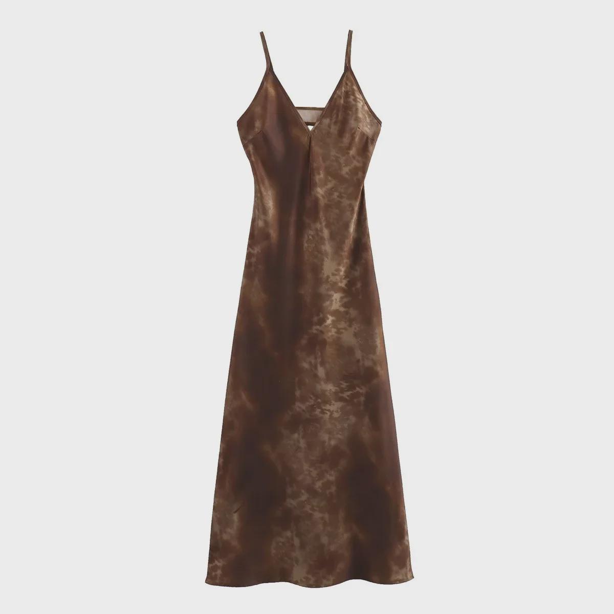 

Платье из шелкового атласа с V-образным вырезом и открытой спиной в европейском и американском стиле с французским принтом Small