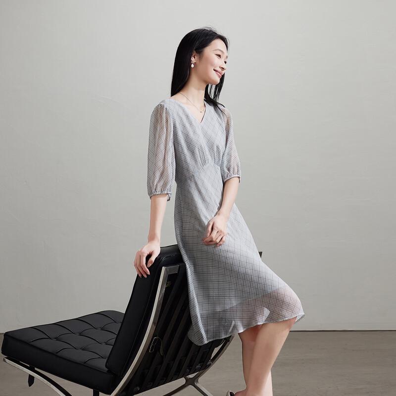 SOFSIL 2026 Summer French V-neck Plaid Midi Dress XL