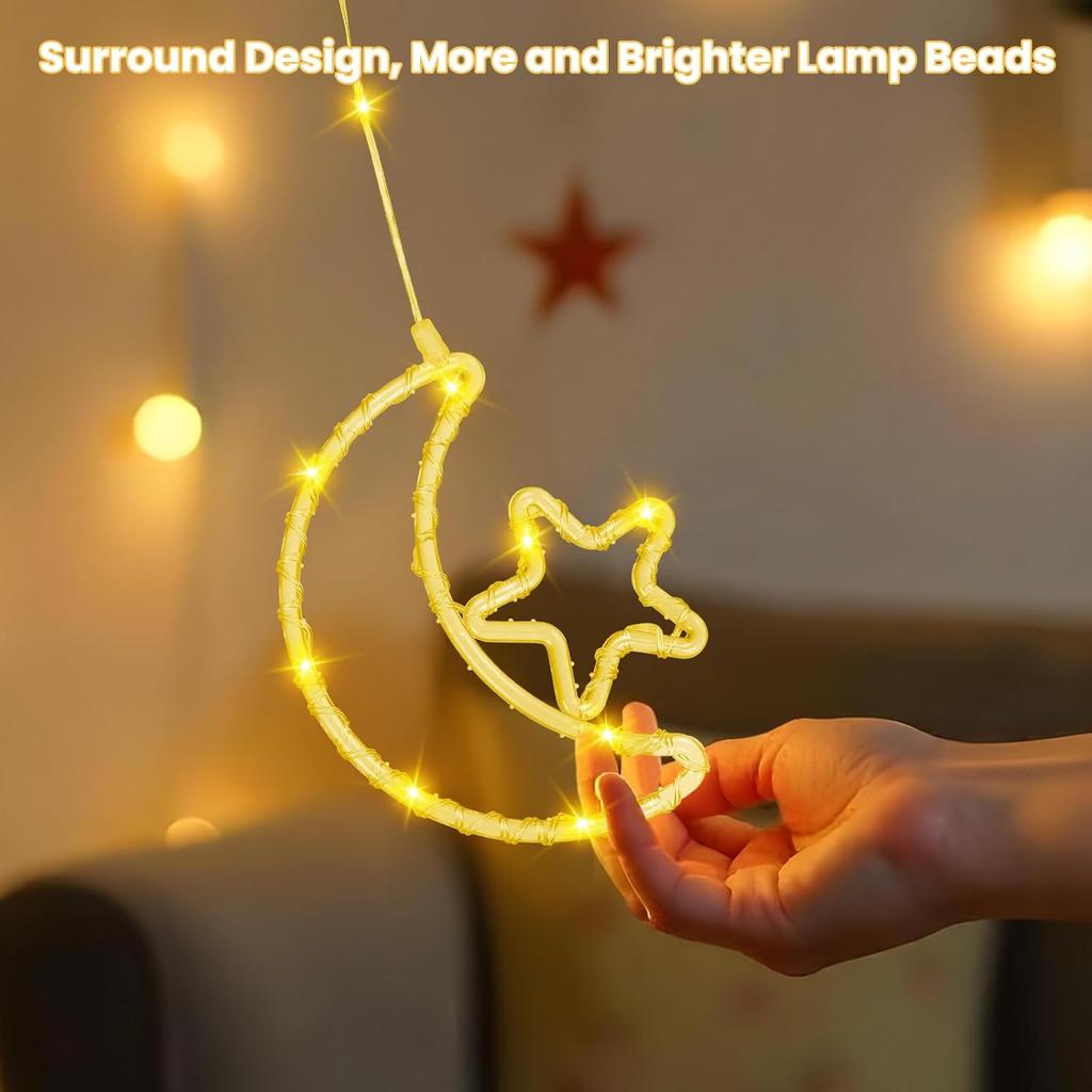 130 Led Ramadan Star Moon Curtain String Lights,8 Modes Ramadan Lights Decorations for Home,Hanging Moon Star Fairy String Lights,Ramadan Window