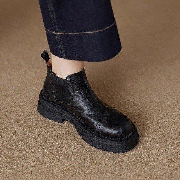 Pravá měkká kůže platforma britský styl chell boty krátké boty dámské 2025 podzim nové kulatá špička krátké boty martinky dámský trend