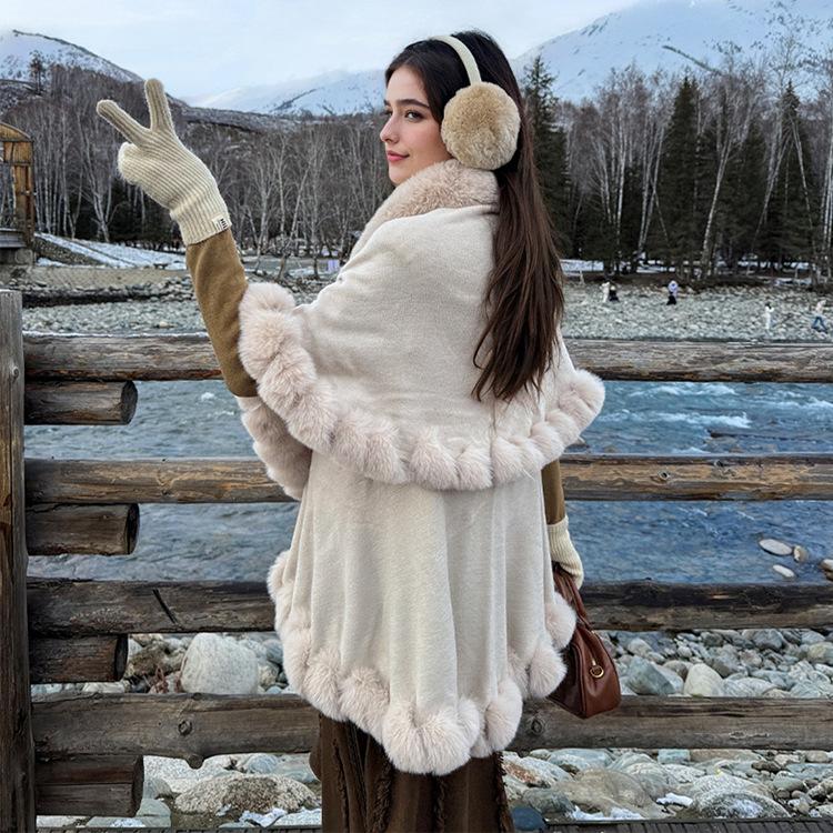 Women Double‑Layer Faux Fur Trim Poncho Shawl Winter Warm Open Front Cape Outerwear