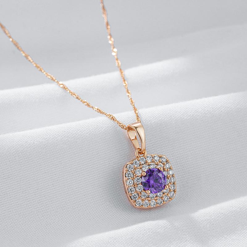 Shiny Purple Natural Zircon Square Pendant Necklace For Women  Rose Gold Color Crystal Pendant Vintage Jewelry