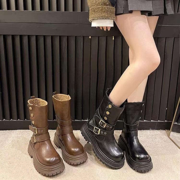 British Style Thickened Martin Boots Women's 2025 New Winter Cotton Boots Retro Two-wear Medium Boots Thick-soled Velvet Short Boots