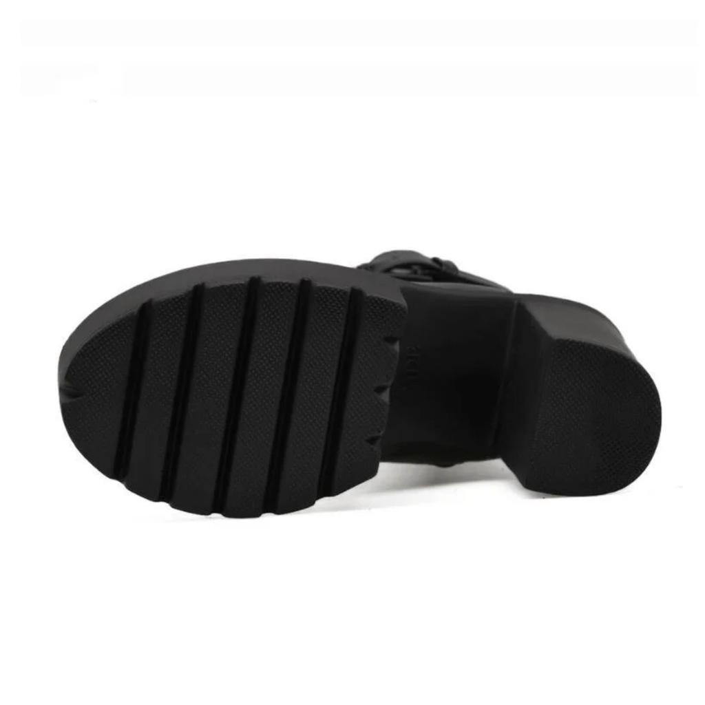 Fashion Motorcycle Boots Women Leather Spring Autumn Metal Buckle High Heels Shoes Zipper Black Ankle Boots Woman Lacing