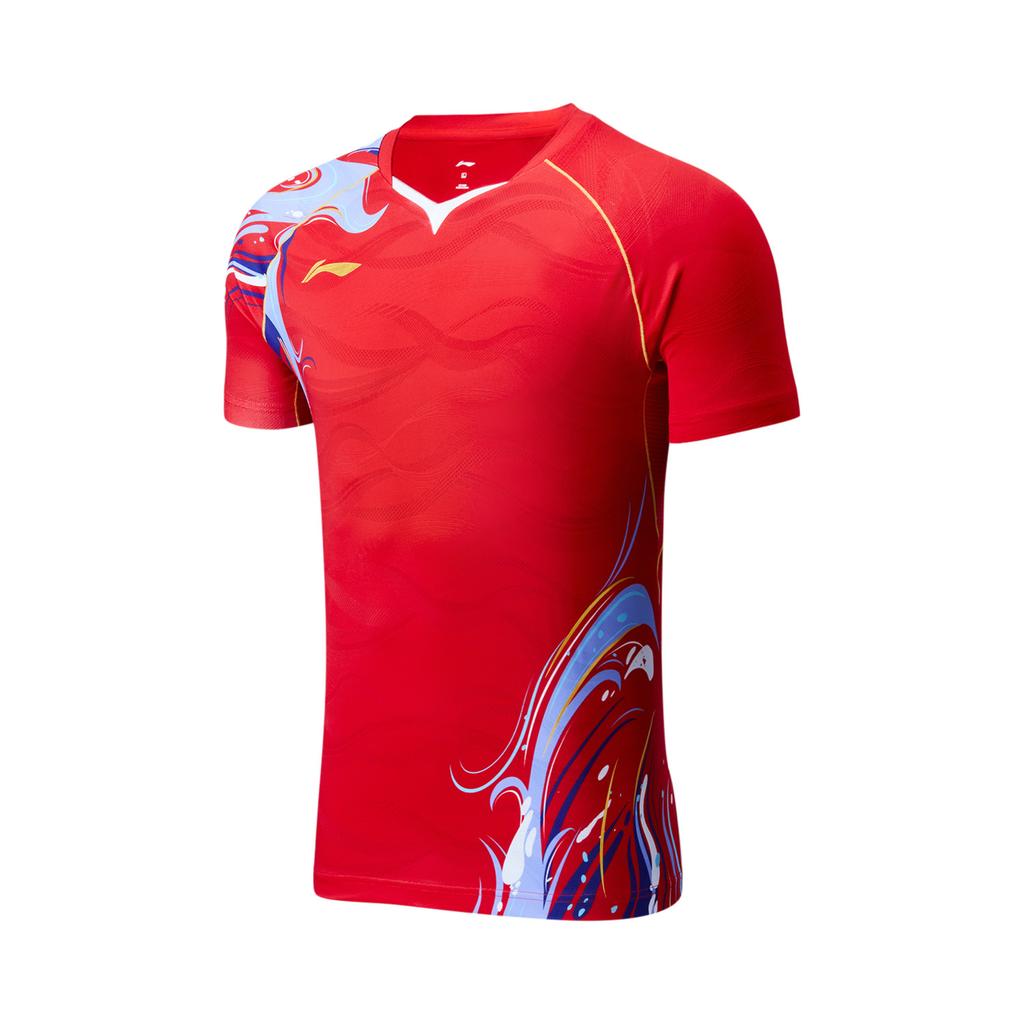 Li-Ning Badminton Series Color Block Printed V-Neck Pullover Short Sleeve Badminton Shirt Unisex tops Crimson-Red AAYU229-3