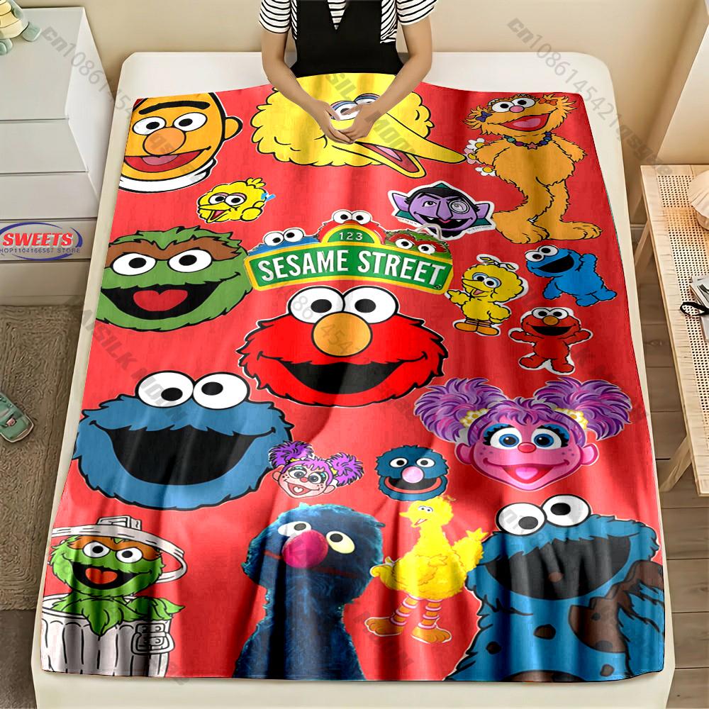 6 Sizes S-Sesame S-Street Pattern Printed Blanket, Cozy Warm Blanket for Sofa, Bed, Camping, Holiday Gift for Family and Friends