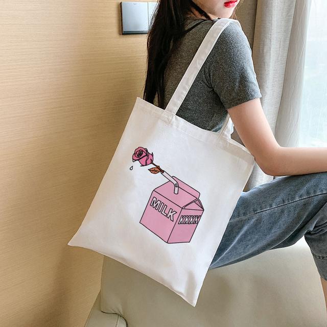 Fashion Women Shopping Bag Peach Milk Strawberry Aesthetic Print Student Book Canvas Bags Reusable Shopper Japanese Kawaii Eco