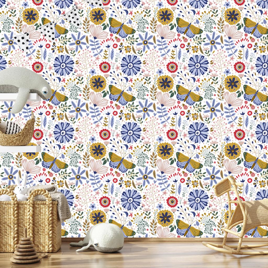 Wallpaper Flowers White and Blue for Living Room and Bedroom 50x1000