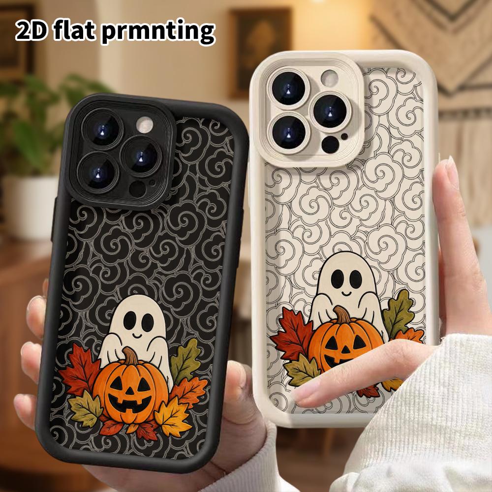 Phone Case: 2D Flat Design Suitable for iPhone 18 17 16 15 14 13 Pro Tiered Protective Case, Ghost Pumpkin, Christmas and Halloween Gift