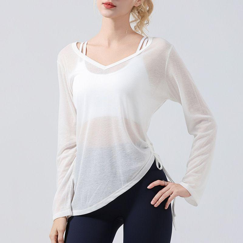 

Bell Sleeve Yoga Cover up Long sleeve Hip Covering Women Pleat Drawstring T-shirt Loose Casual Spring Fitness Yoga Clothes White XL