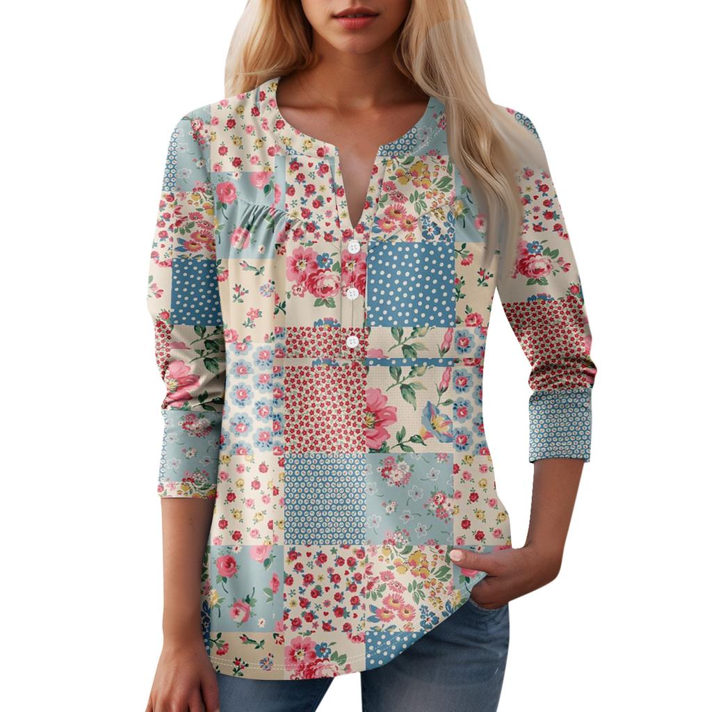 Women's Fashion Casual Three-quarters Sleeve V Neck Floral Print Top