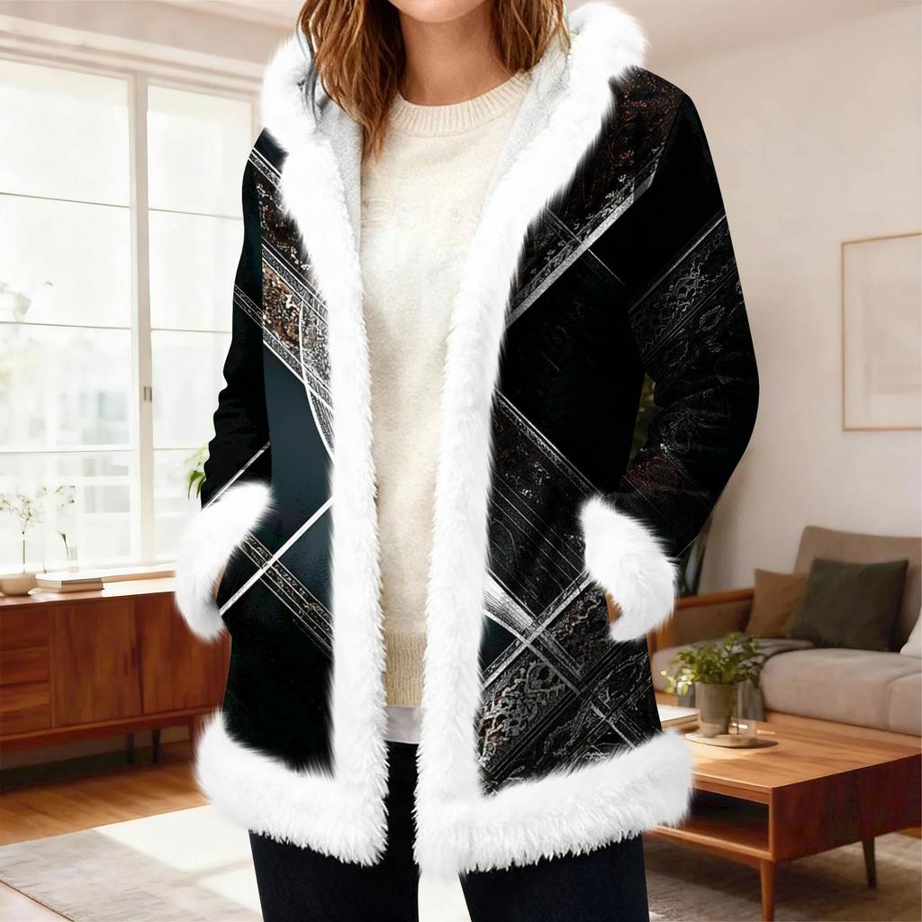 Lässiger Damen-Fleece-Kapuzen-Cardigan mit Taschen Warme Oberbekleidung