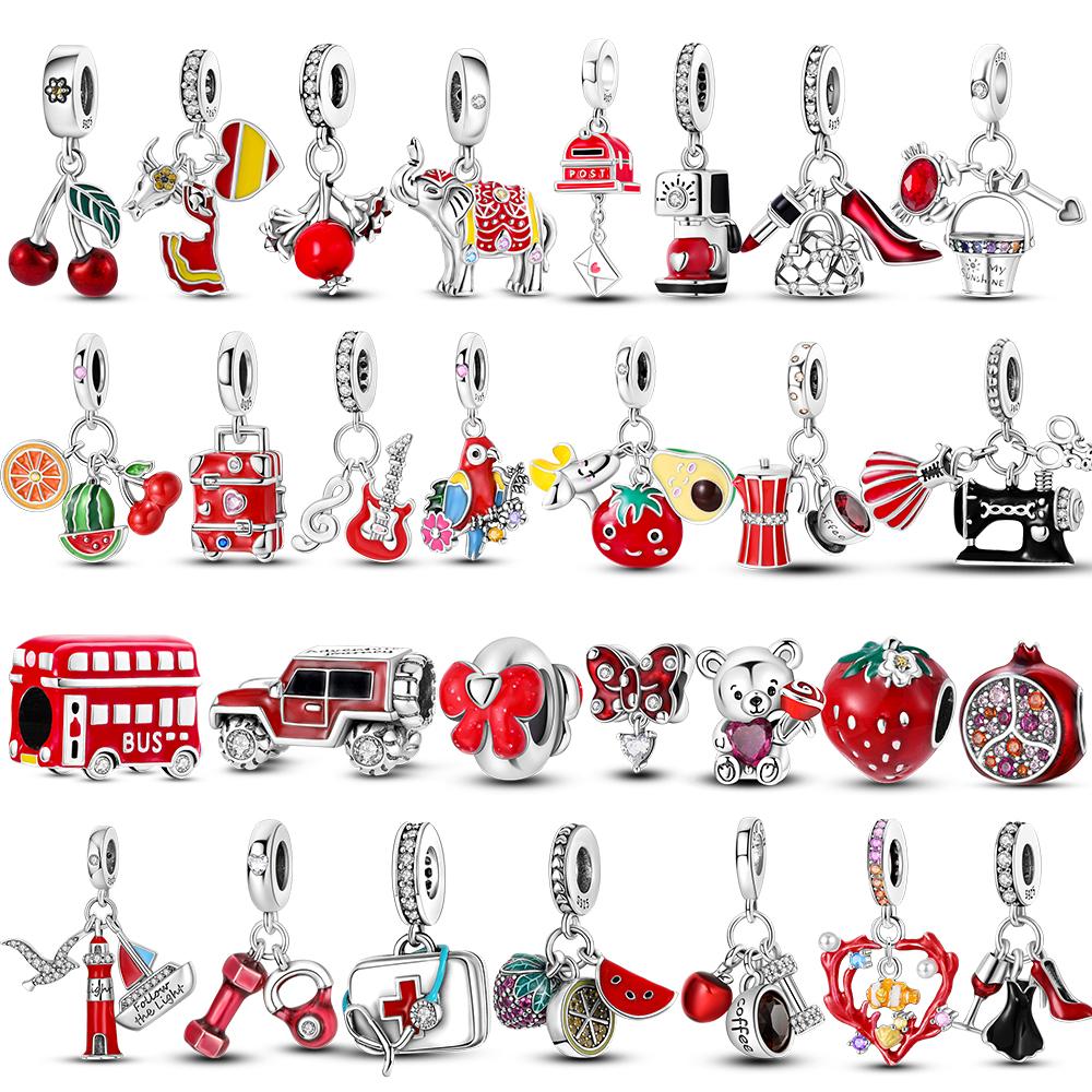 Copper Red Series Strawberry Pendant Charms Beaded Fit Original Mula Necklace Bracelet Jewelry Women Diy Fashion