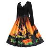 Women's Casual Halloween Printed V-Neck Zip-Up Long Sleeve Panel Swing Dress