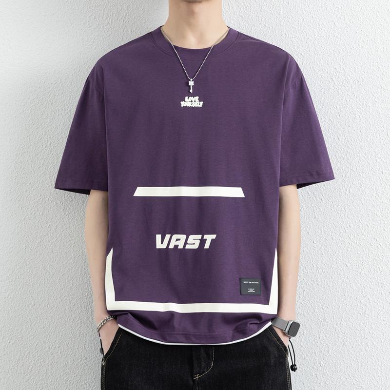 

Men s Patchwork Printed Short-sleeved Thin Loose T-shirt Top 2XL фиолетовый