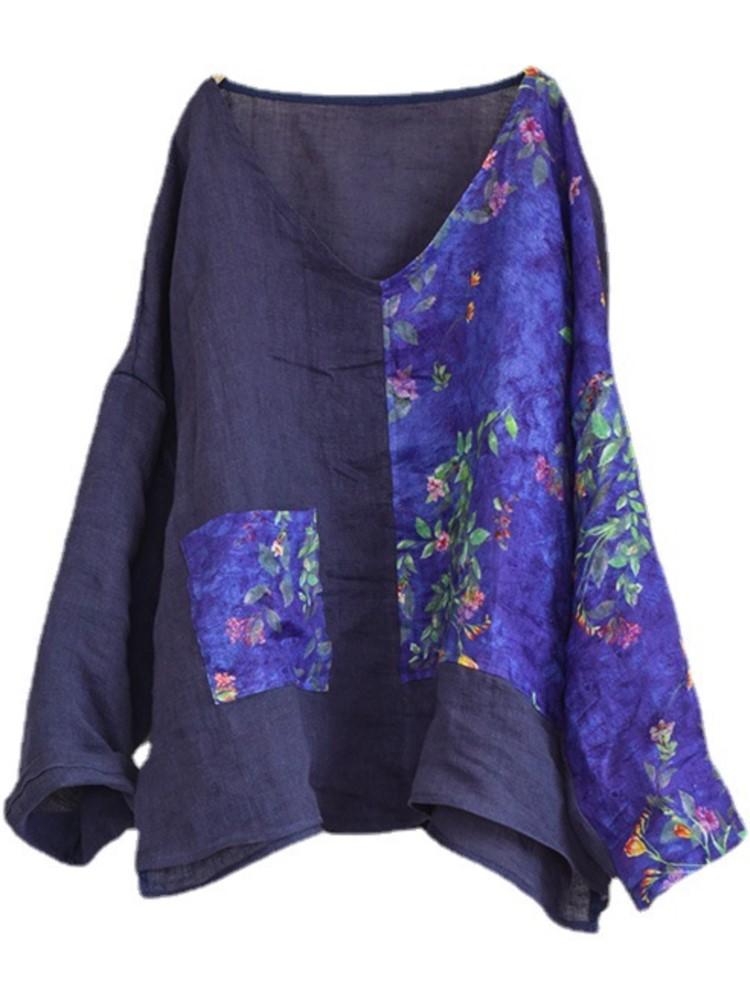 Johnature Women Vintage Linen Patchwork Color Tees Long Sleeve V-Neck Spring Tshirts Loose T-Shirts