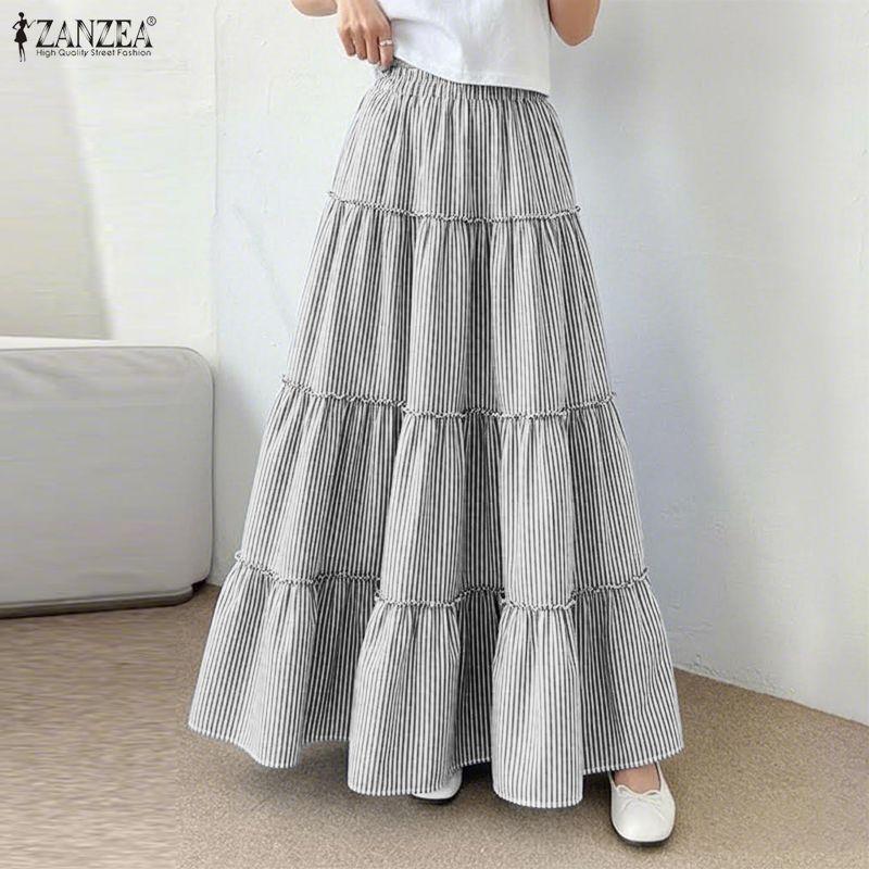 ZANZEA Women Casual Elastic Waist Loose Stripe Long Skirts