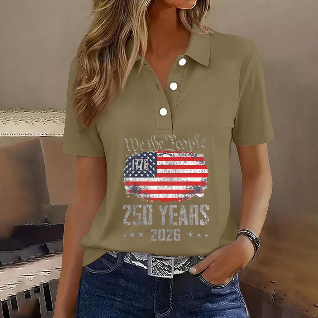 Damen Freizeit Kurzarm Hemd mit Knöpfen 250. Jubiläum Grafikdruck Polo Top für Unabhängigkeitstag Feier 2026 Gedenk-T-Shirt