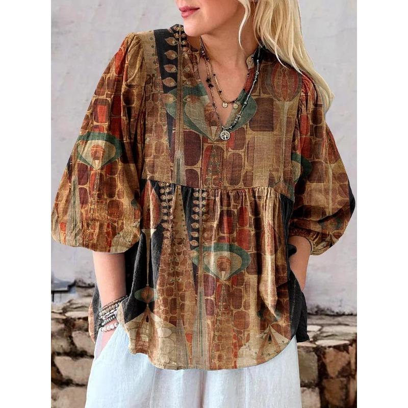 

Летние блузки женские с принтом, с V-образным вырезом, топы с рукавами-фонариками, повседневная рубашка, элегантный модный принт, подходящие повседневные рубашки XXXL малиновый