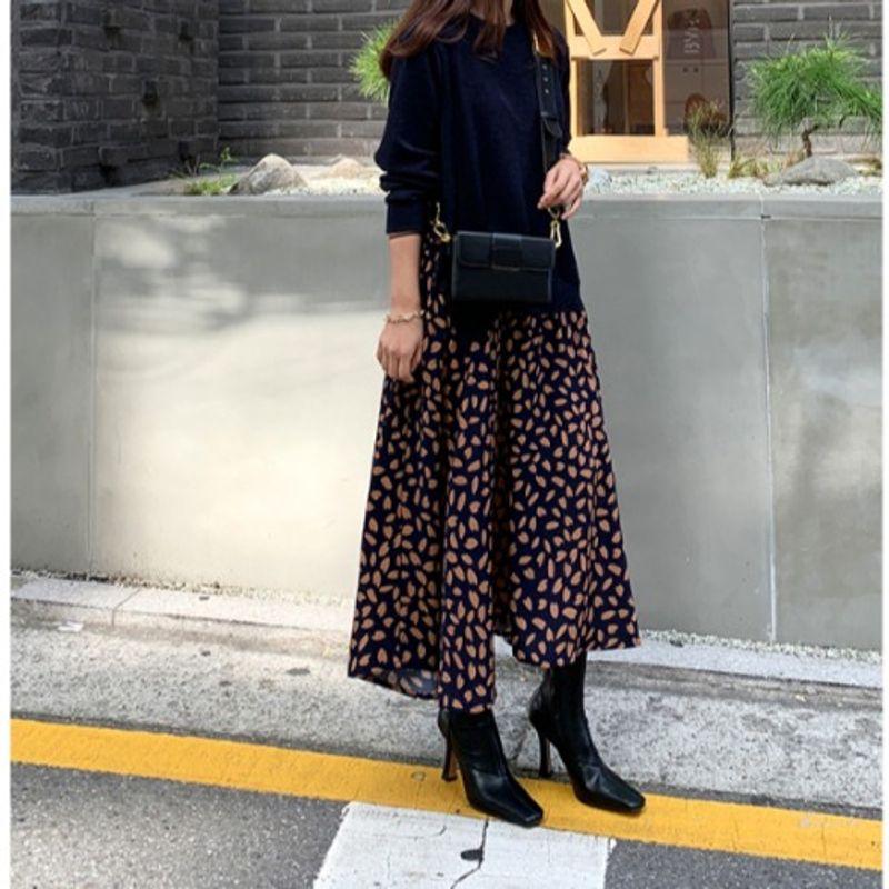 

Korean Style Spring and Autumn New Patchwork Printed Large Hem Sweater Dark Blue XL