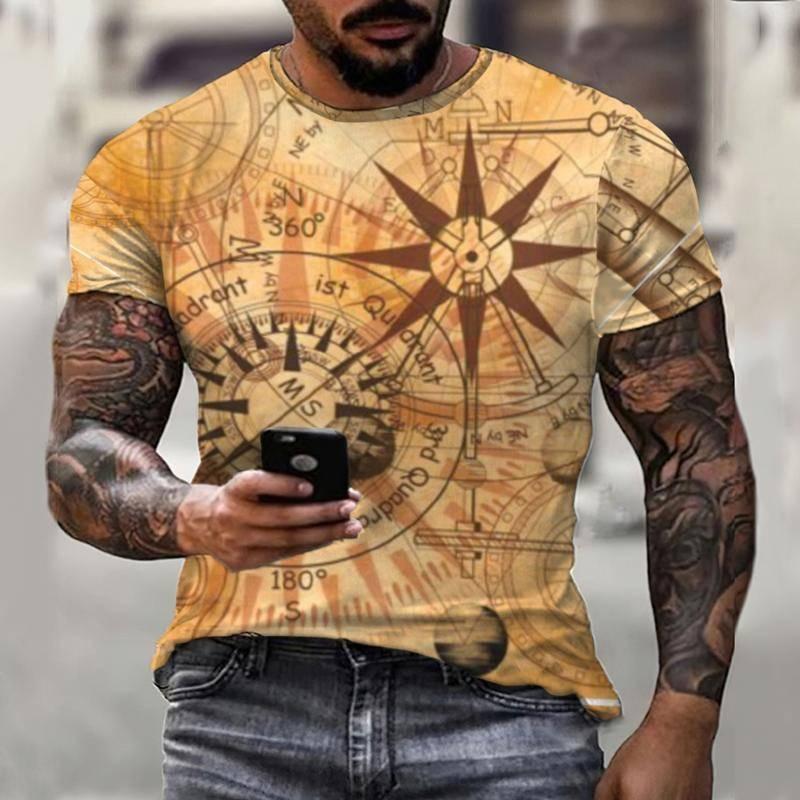 Summer Retro Compass T-shirt Men's 3D Printed T-shirt Fashionable Street Harajuku T-shirt Short Sleeved Oversized Top Men's Clothing
