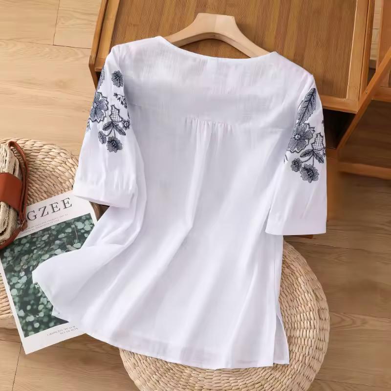 Women's Retro Embroidered Short Sleeved Loose and Thin Breathable T-shirt, Summer Artistic Slimming Casual Top