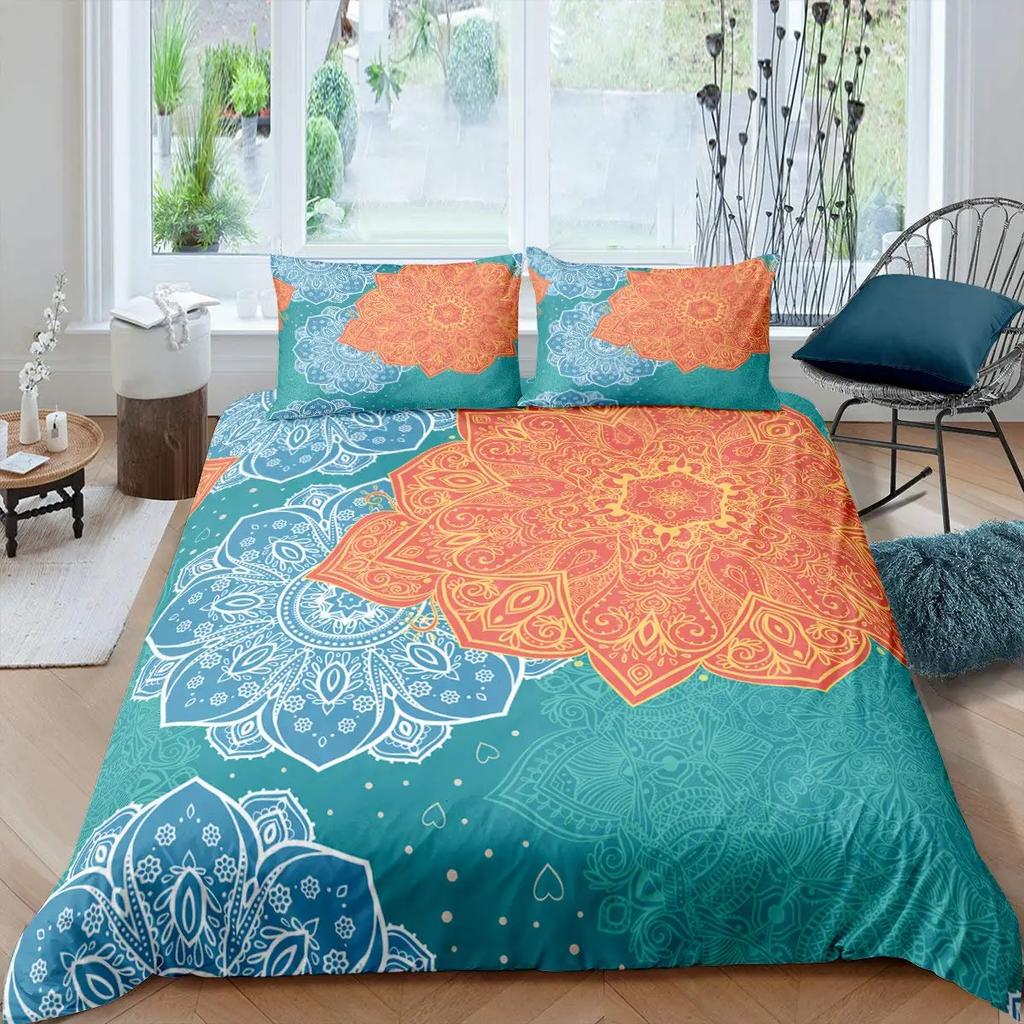 Neon Mandala Duvet Cover Set Full Queen Boho Hippie Bedding Set Ancient Mayan Calendar 3D Print Abstract Comforter Cover 2/3Pcs