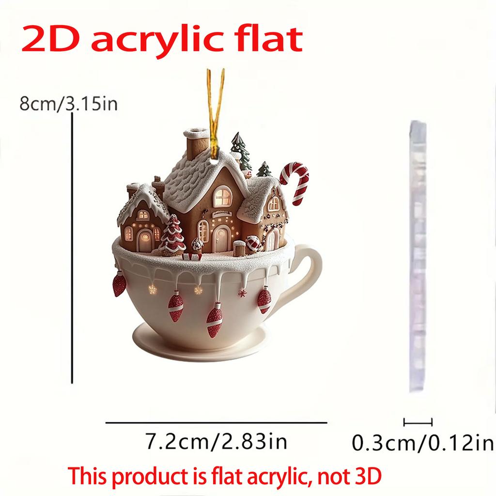Christmas Decor Coffee Cup Ornaments 2D Acrylic flat Christmas Snow Houses Chocolate Mug Pendant  Christmas tree pendant