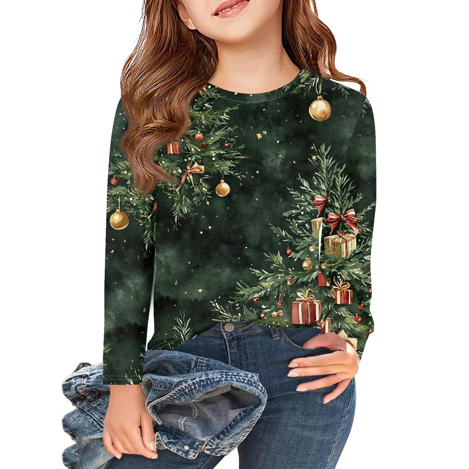 

Рождественские футболки с длинным рукавом для девочек, детские осенние топы с круглым вырезом и принтом, базовые футболки 110