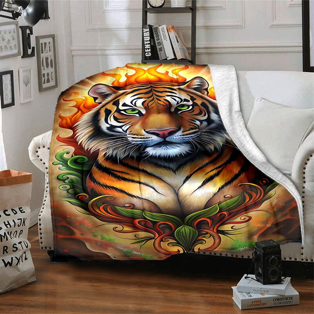 1pc Tiger Flame Design Blanket Lightweight Flannel Blanket Throw Blanket For Sofa, Bed, Travel, Camping, Livingroom, Office, Couch, Chair, And Bed yy2