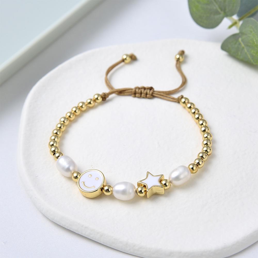 Colorful Drip Oil Smiley Star Beaded Bracelet with Natural Freshwater Pearls